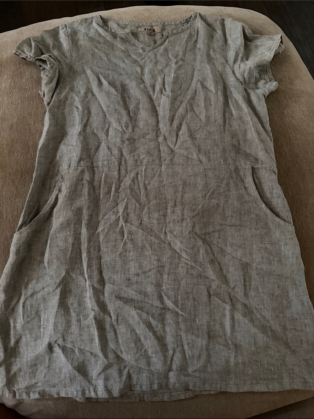 Flax linen Light Gray Linen Short-Sleeve Shirt dress with pockets